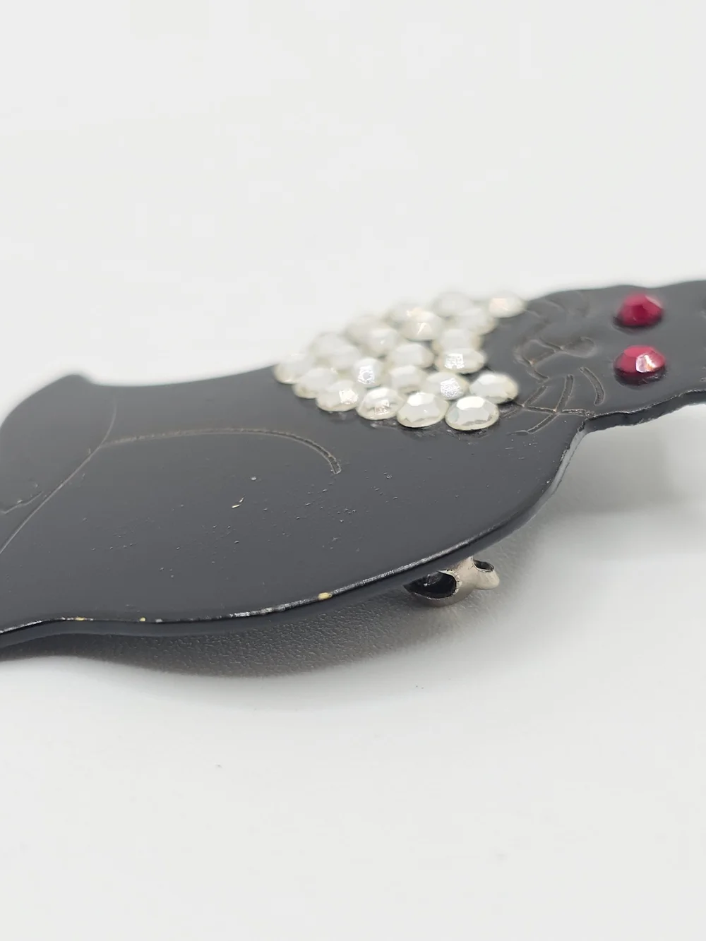 Vintage Black Cat Brooch Rhinestone Collar Red Eyes Solid Brass Kitty 1-7/8